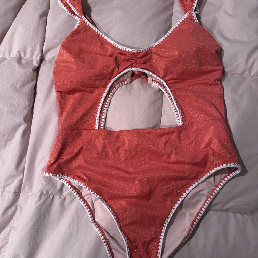Cutout One-Piece Swimsuit in coral/orange with White Trim